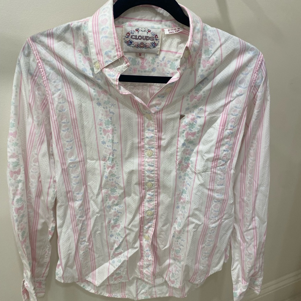 Vintage Clouds White Pink Stripe Floral Button-Down Shirt Women's Size Small